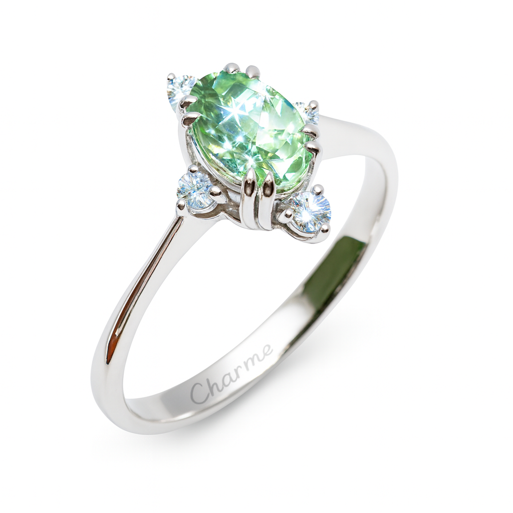 Damenring, Antragsring, Weissgold 750, mit Grün-Saphir und Diamanten (D000024)