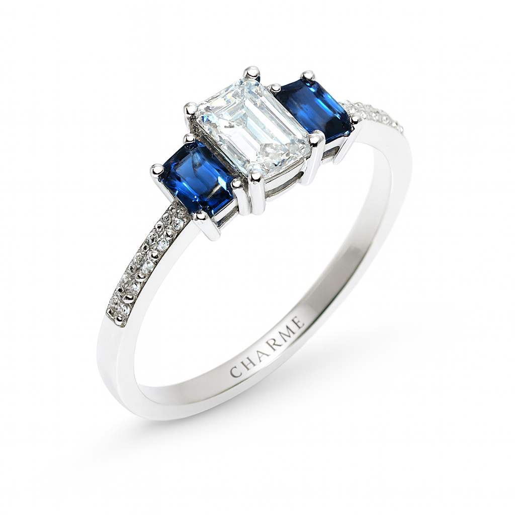 Damenring, Antragsring, Weissgold 585, mit Saphir und Diamanten (P000665)