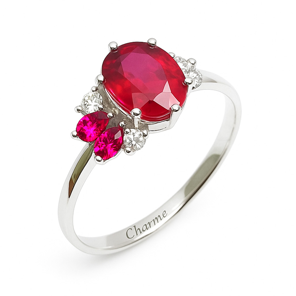 Damenring, Antragsring, Weissgold 585, mit Rubin und Diamanten (P000292)