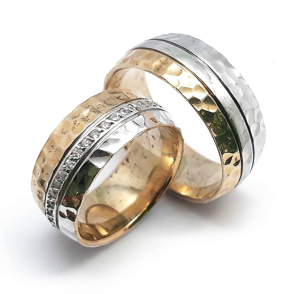 Gehämmerte Trauringe, Weiß- und Gelbgold 585, mit 0,40 ct Diamanten (CJ013)