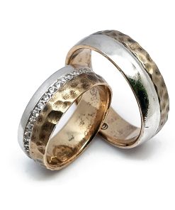 Gehämmerte Trauringe Weiß- und Gelbgold 585 mit 0,40 ct Diamanten – Cj010