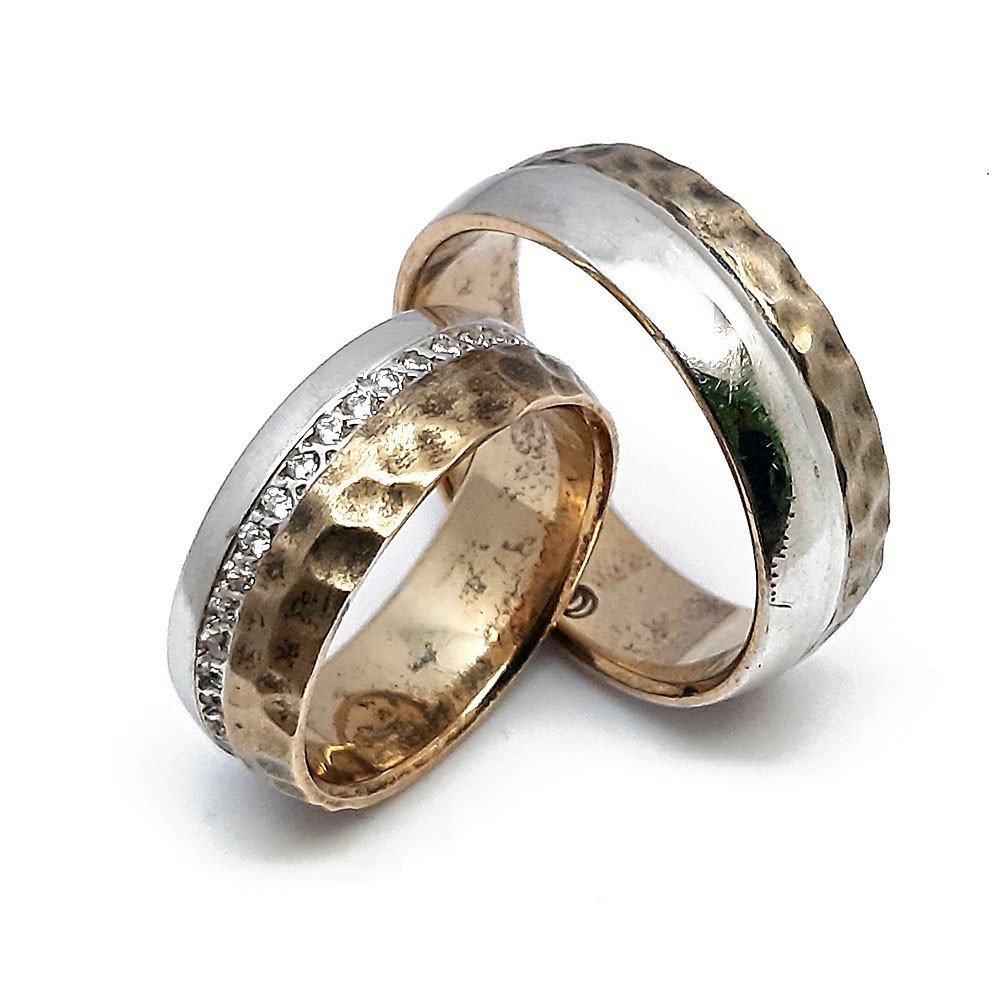 Gehämmerte Trauringe, Weiß- und Gelbgold 585, mit 0,40 ct Diamanten (Cj010)