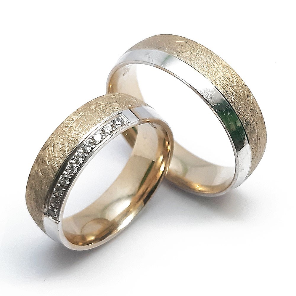 Mattierte Trauringe, Weiß- und Gelbgold 585, mit 0,10 ct Diamanten (CJ012)