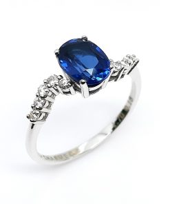Damenring Weißgold 585 mit 0,18 ct Diamanten und Saphir – P000367