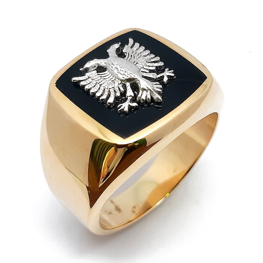 Herrenring, Doppelkopf-Adler Figur, Gelbgold 585, mit Onyx (A000984)