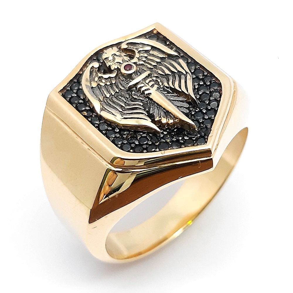 Herrenring, Gelbgold 585, mit Adlerfigur auf Onyx (A000990)