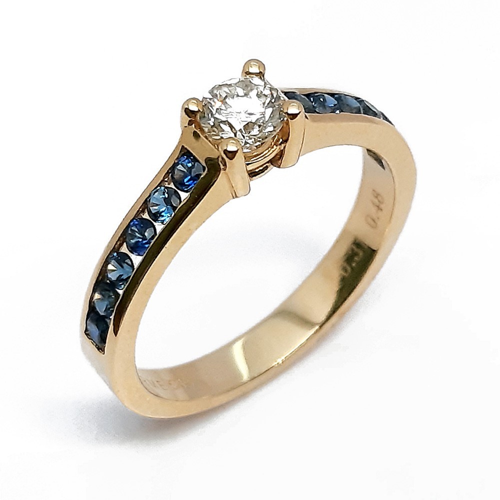 Damenring, Gelbgold 585, mit Saphir und Diamanten (P000567)
