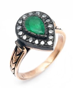Retro-Ring Rotgold 333 / Silber 925 mit Diamanten und Smaragd – FE00032