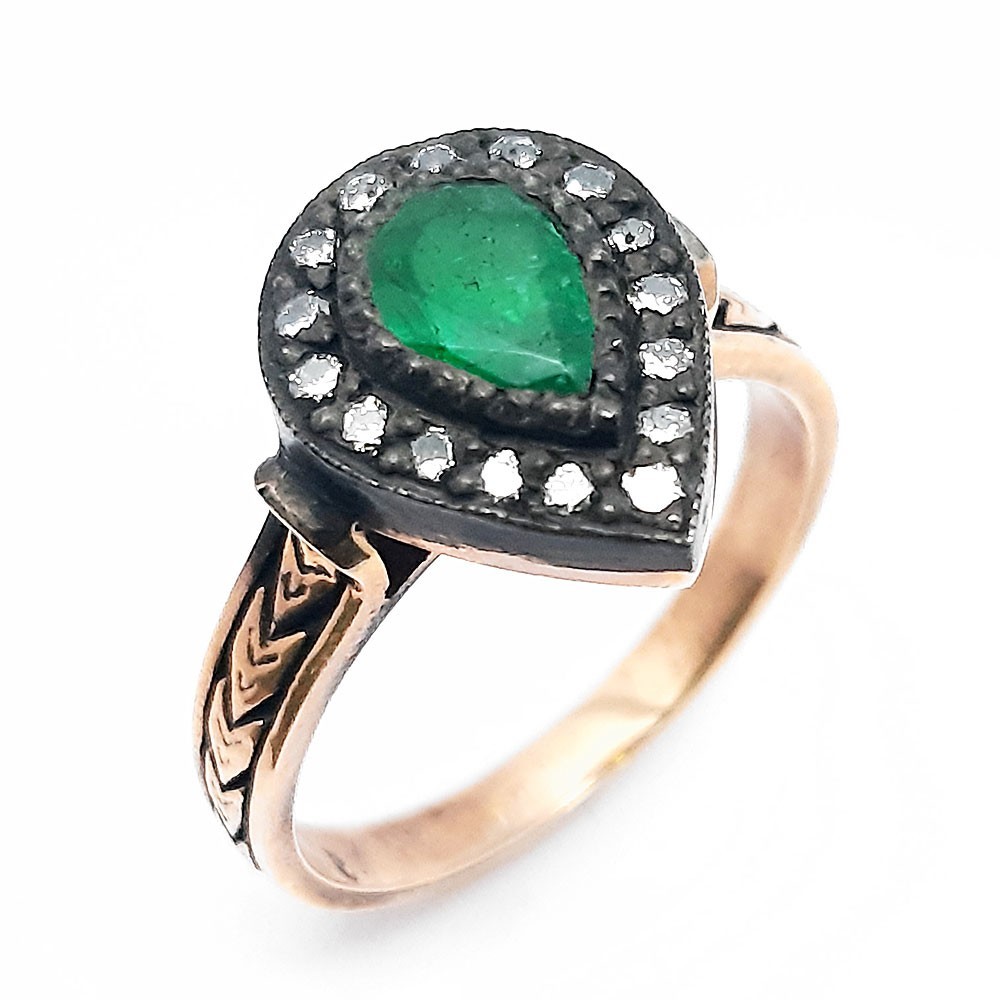Retro-Ring, Rotgold 333-Silber 925, mit Smaragd und Diamanten (FE00032)