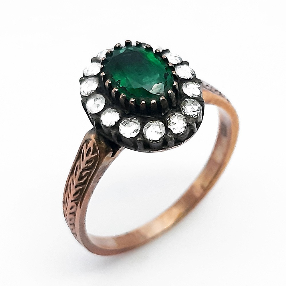 Retro-Ring, Rotgold 333-Silber 925, mit Smaragd und Diamanten (FE00031)