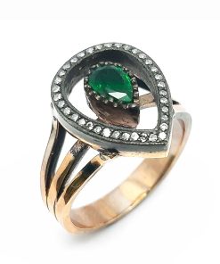 Retro-Ring Rotgold 333 / Silber 925 mit Diamanten und Smaragd – FE00038