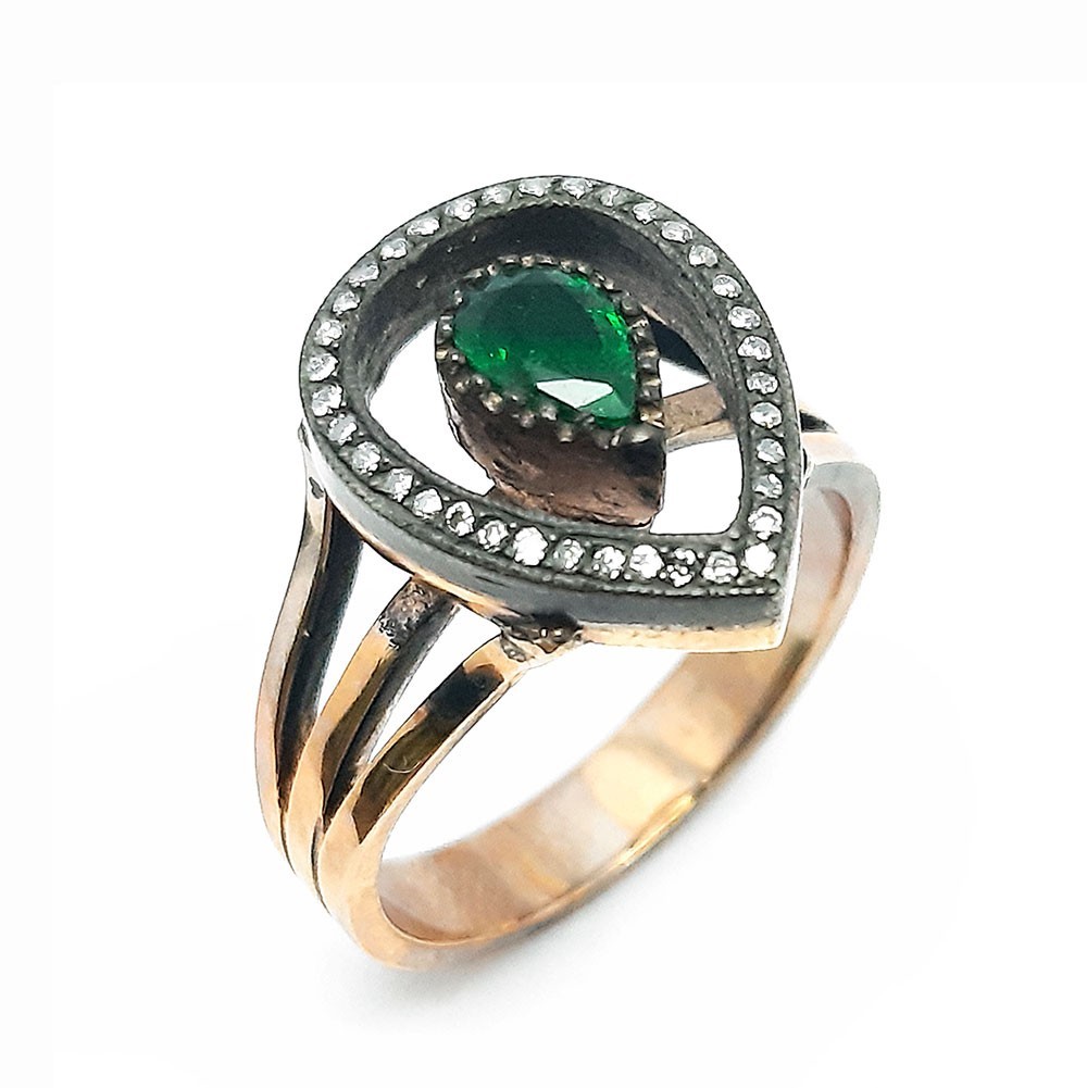 Retro-Ring, Rotgold 333-Silber 925, mit Smaragd und Diamanten (FE00038)