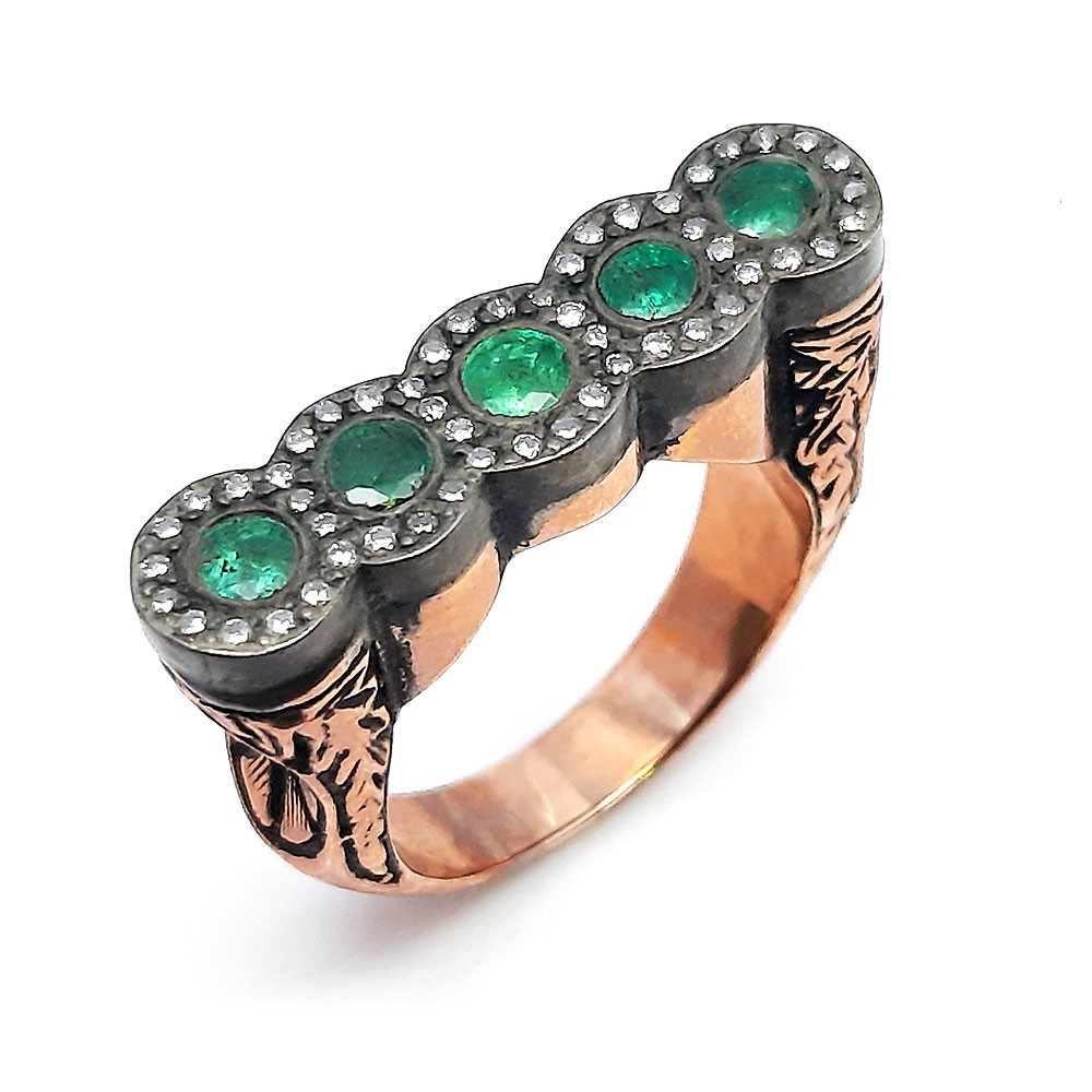 Retro-Ring, Rotgold 333-Silber 925, mit Smaragd und Diamanten (FE00022)