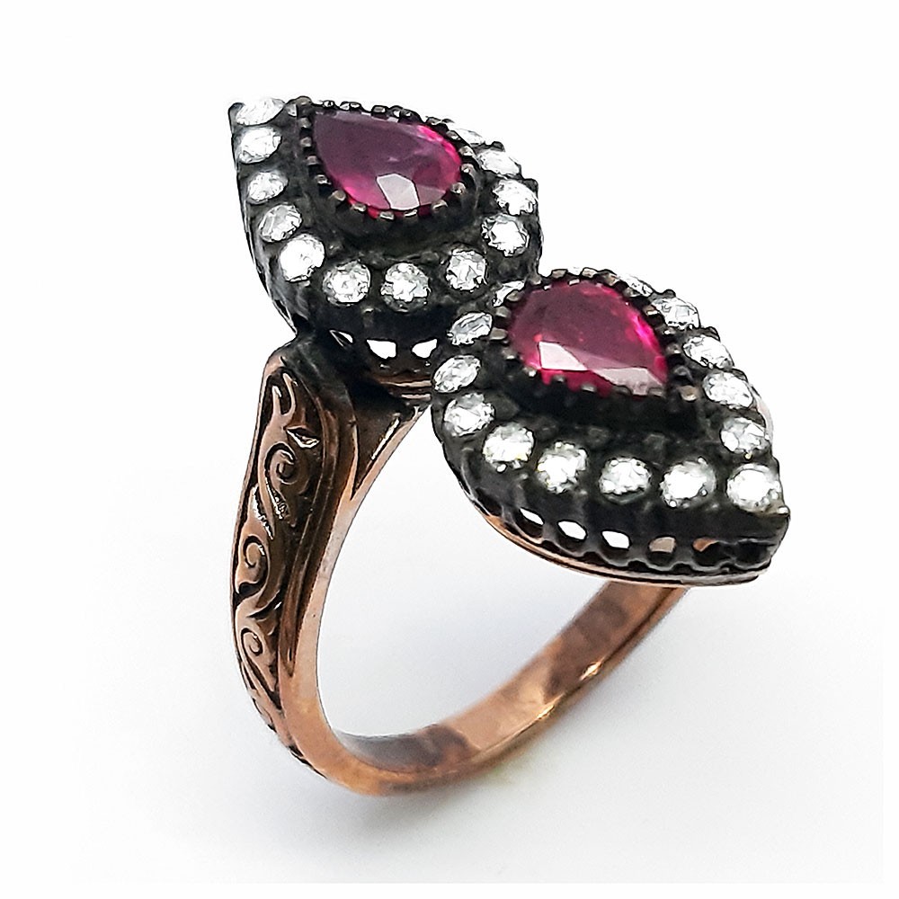 Retro-Ring, Rotgold 333-Silber 925, mit Rubin und Diamanten (FE00027)