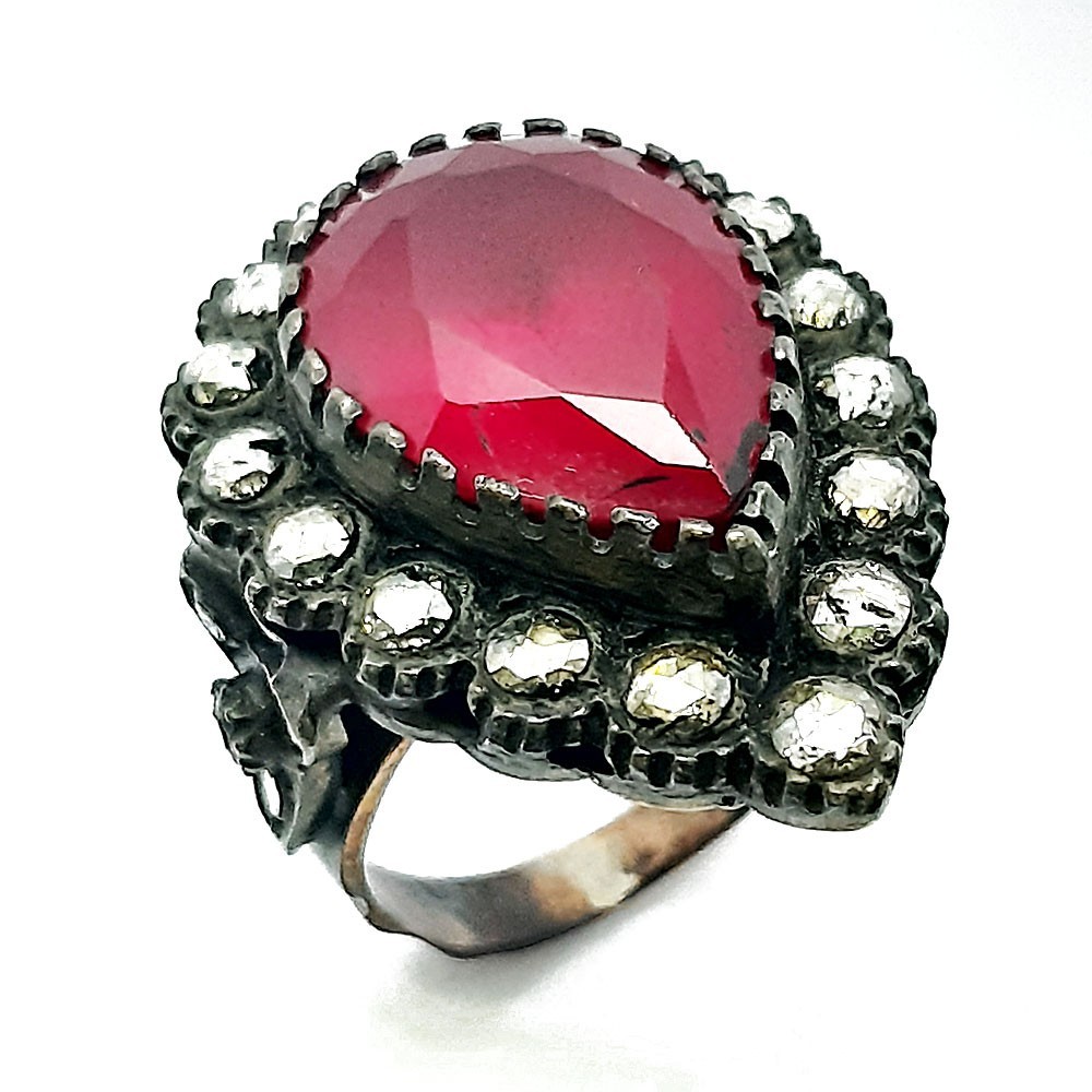 Retro-Ring, Rotgold 333-Silber 925, mit Rubin und Diamanten (FE00037)