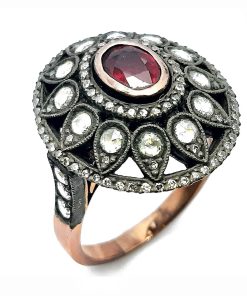 Retro-Ring Rotgold 333 / Silber 925 mit Diamanten und Rubin – FE00026