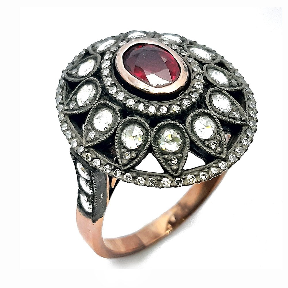 Retro-Ring, Rotgold 333-Silber 925, mit Rubin und Diamanten (FE00026)