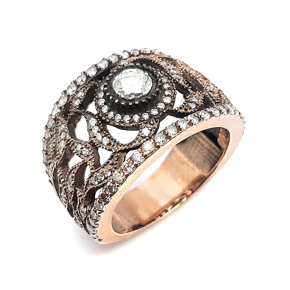 Retro-Ring, Rotgold 333-Silber 925, mit 0, 72 ct Diamanten (FE00003)