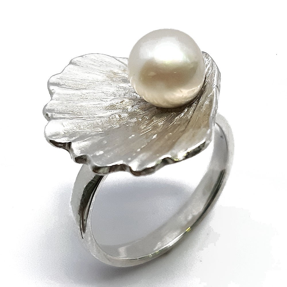 Damenring, Weißgold 585, Muschel mit Perle (CDR001)