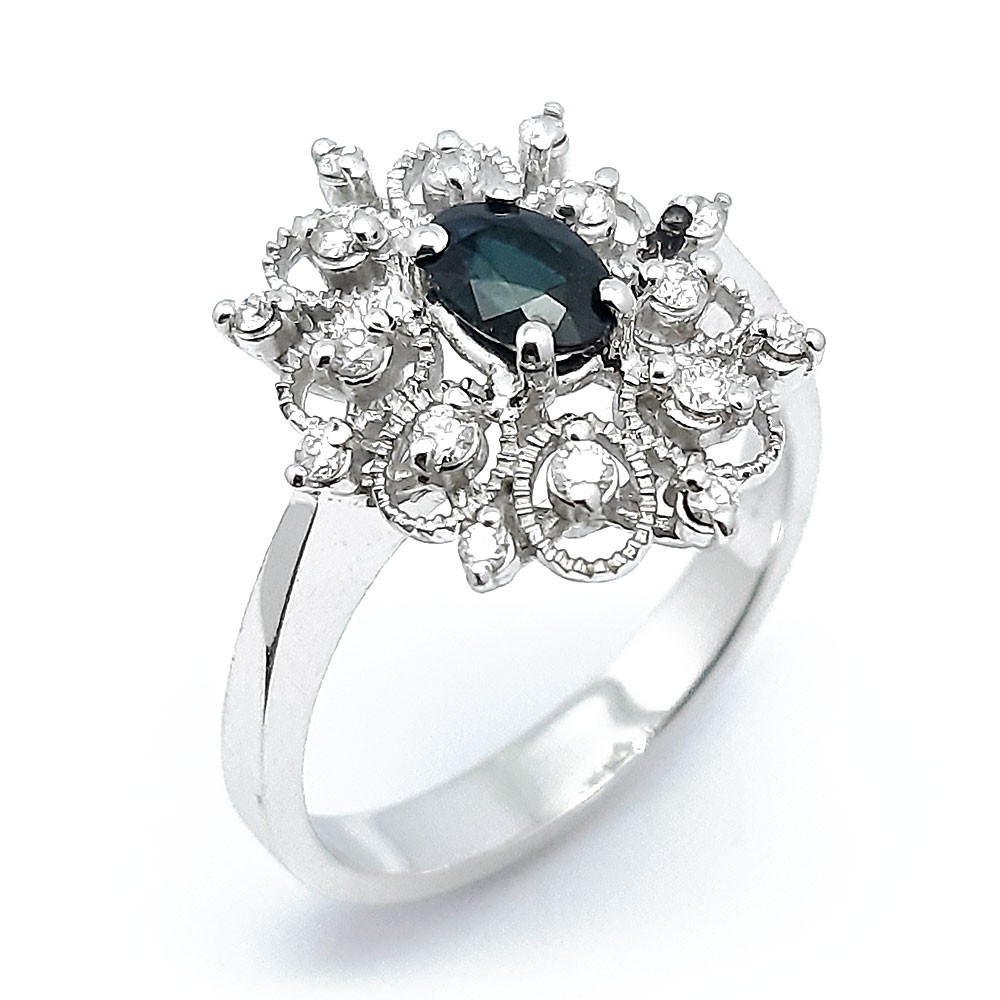 Damenring, Weißgold 750 mit 0,25 ct Diamanten und Saphir (FP00069)