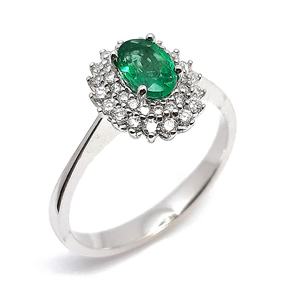 Damenring, Weißgold 585 mit 0,30 ct Diamanten und Smaragd (P000345)