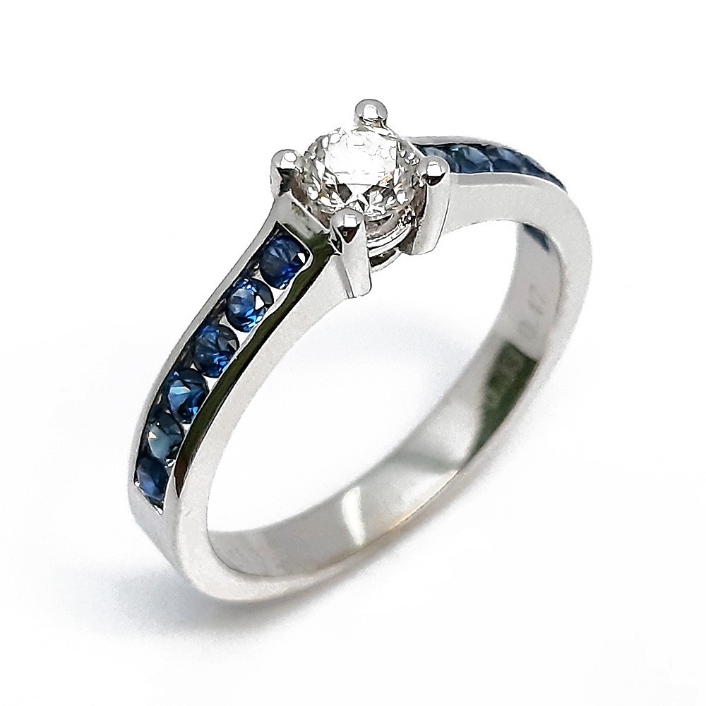 Damenring, Weissgold 585, mit Saphir und Diamanten (P000568)