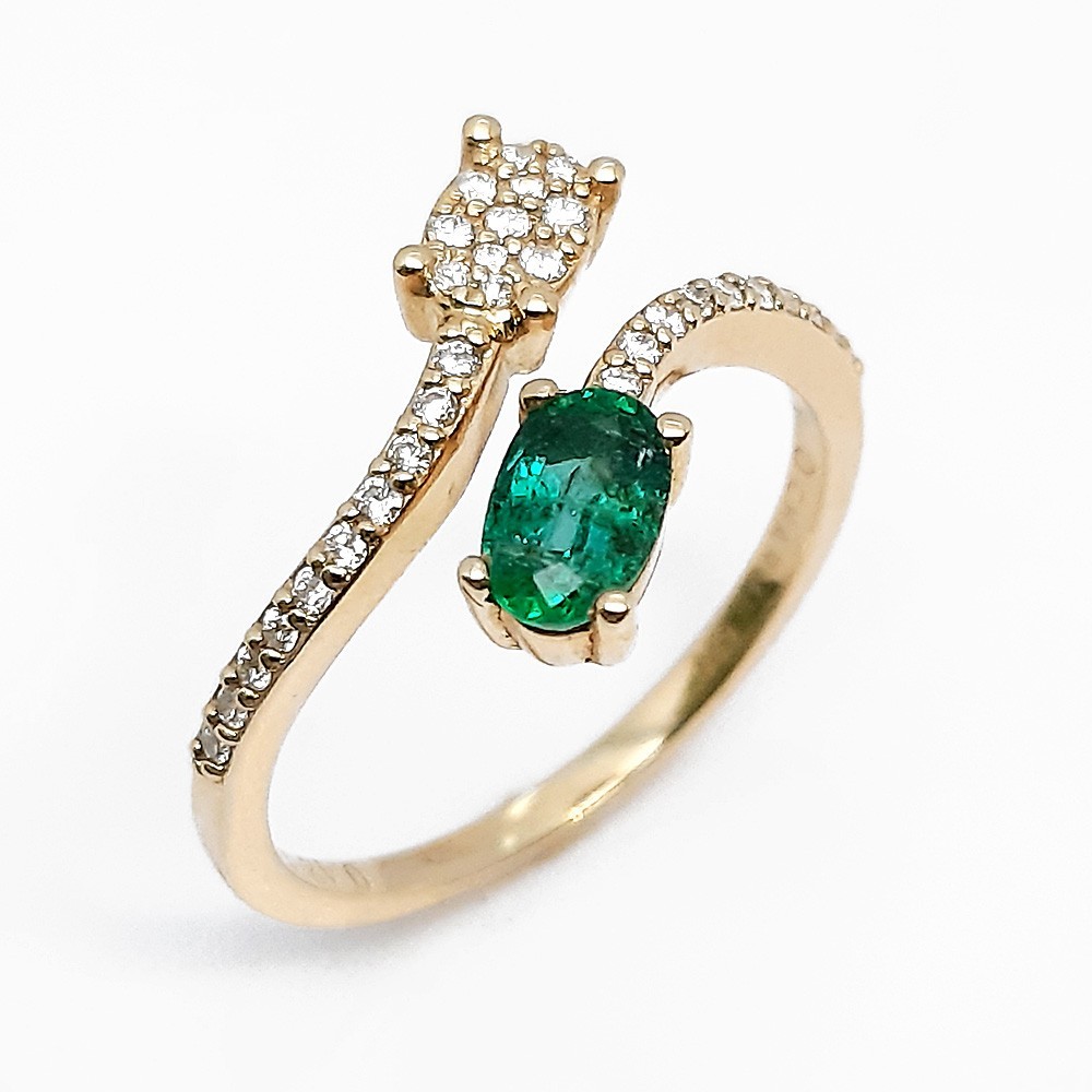 Damenring, Gelbgold 585, mit Smaragd und Diamanten (V000122)
