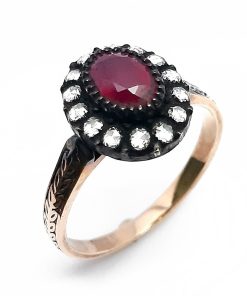 Retro-Ring Rotgold 333 / Silber 925 mit Diamanten und Rubin – FE00097