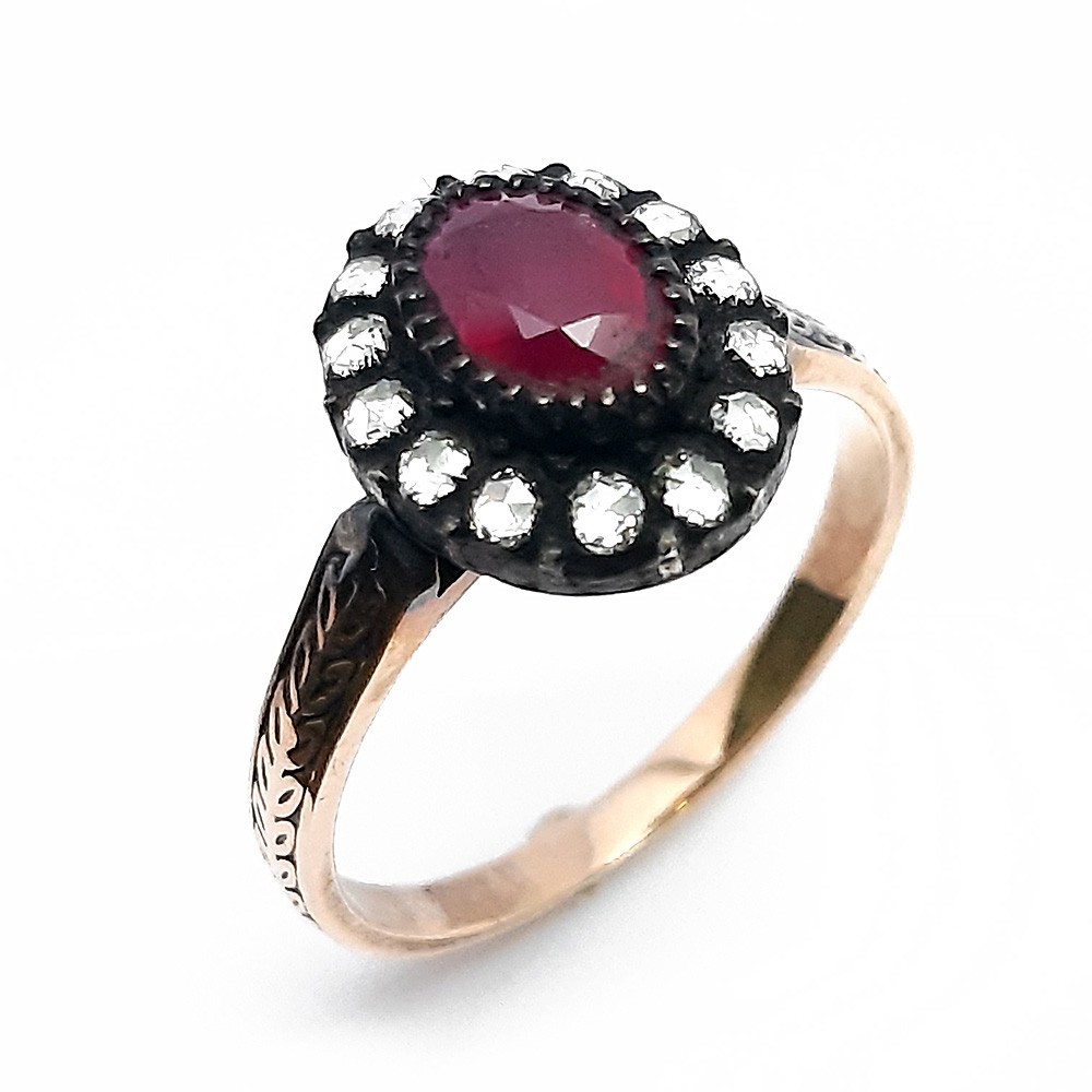 Retro-Ring, Rotgold 333-Silber 925, mit Rubin und Diamanten (FE00097)