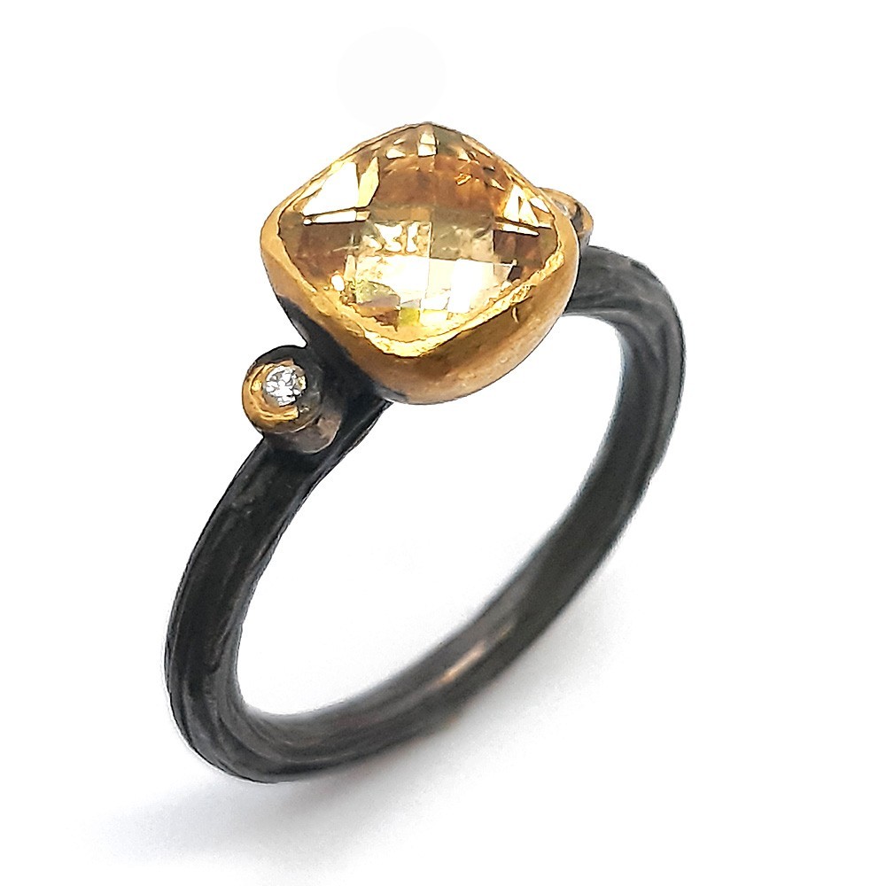 Feingold-Silber Ring, handgeschmiedet, mit Diamanten und Citrin (FE00109)
