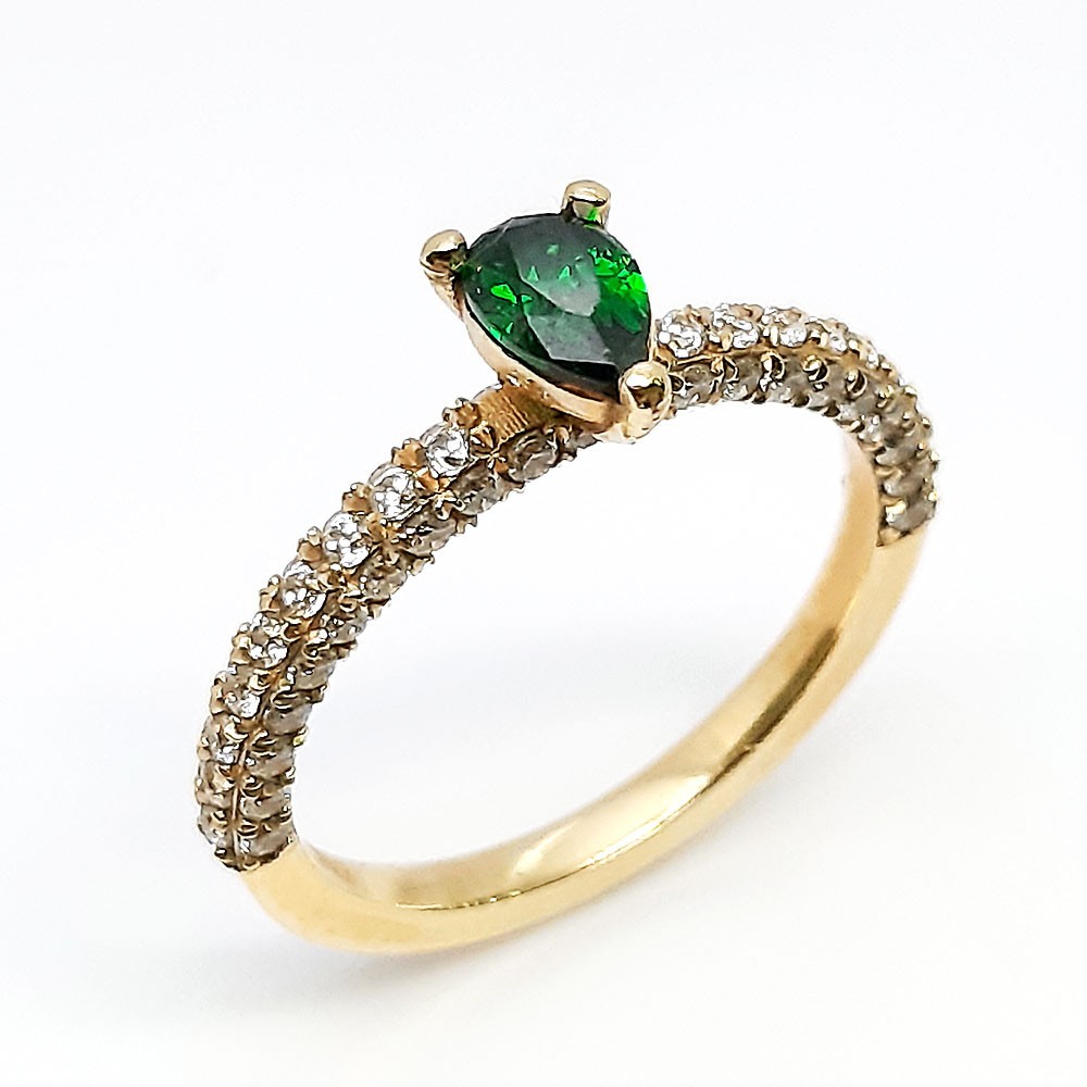 Damenring, Gelbgold 585, mit grünen und weißen Zirkonia ( A001942 )
