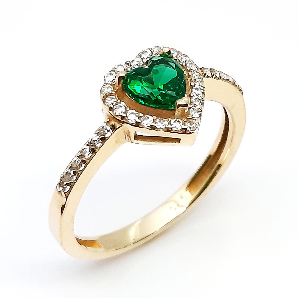 Damenring, Gelbgold 585, Herzform, mit grünen und weißen Zirkonia ( A000575 )