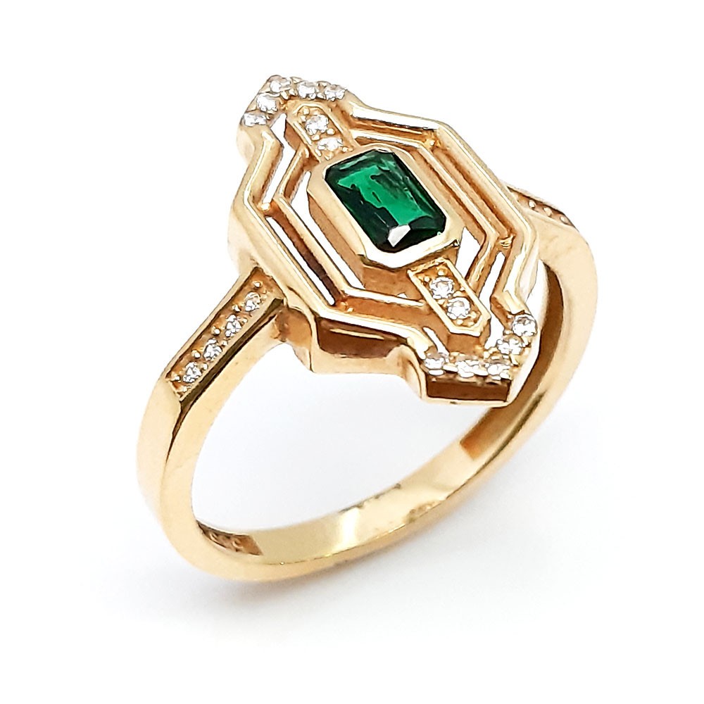 Damenring, Gelbgold 585, mit grünen und weißen Zirkonia ( A001000 )