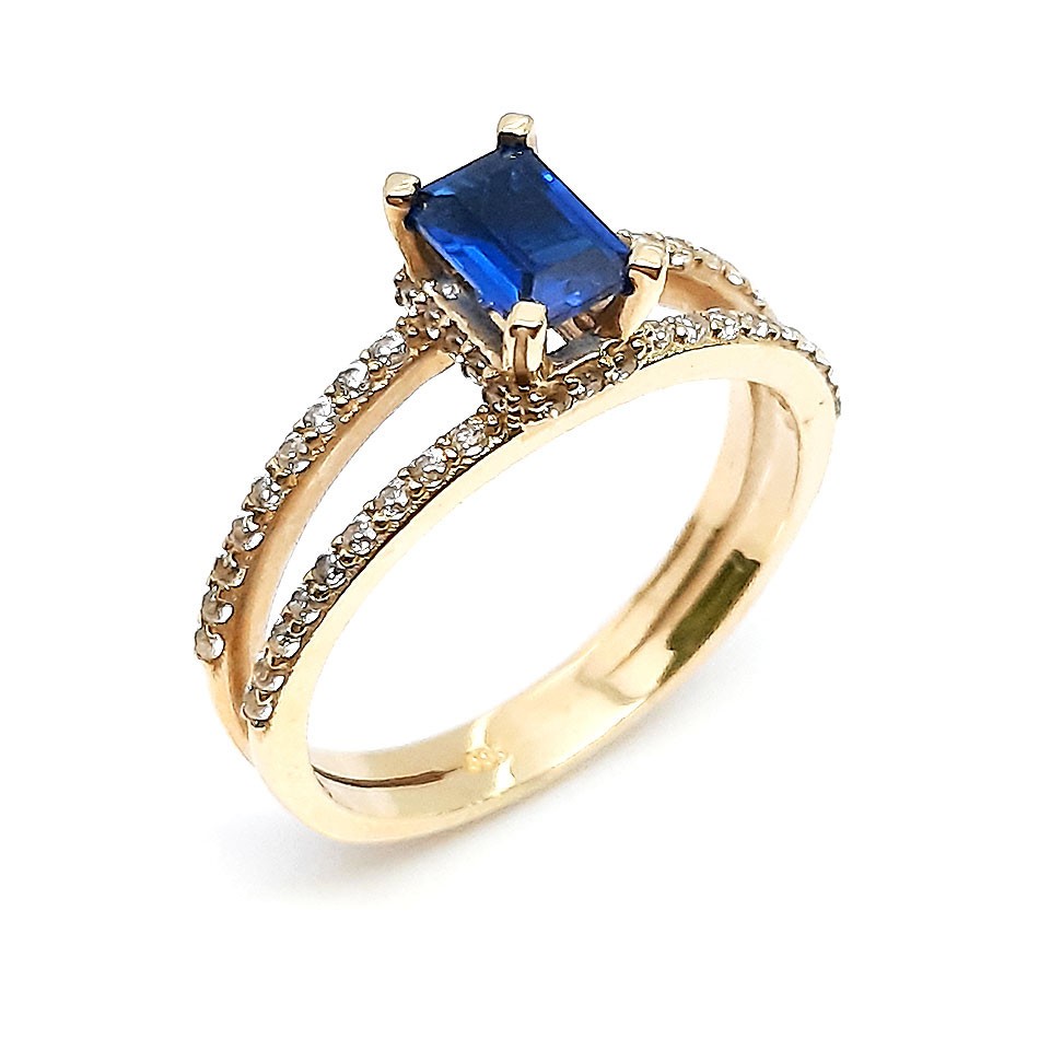 Damenring, Gelbgold 585, mit blauen und weißen Zirkonia ( A000600 )