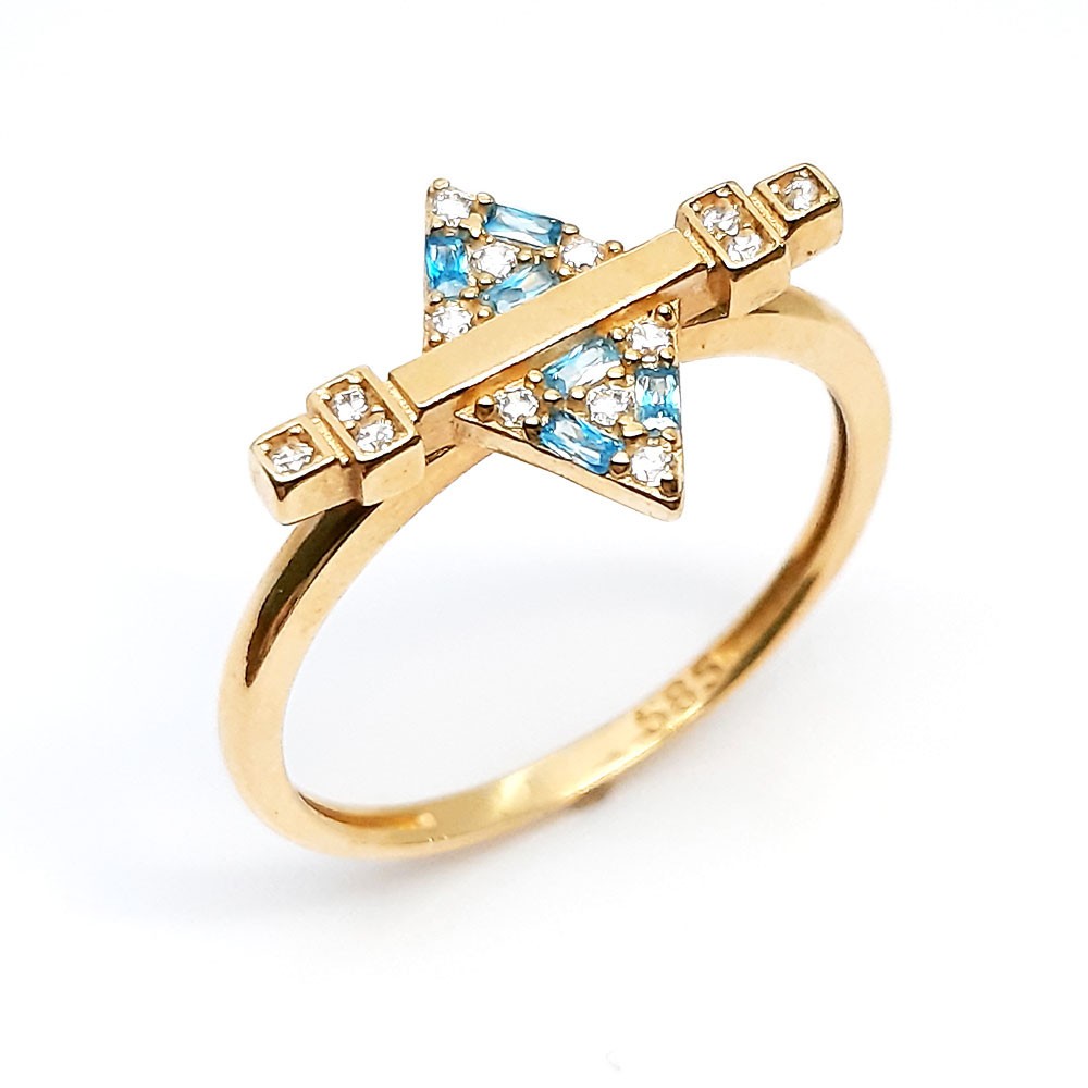 Damenring, Gelbgold 585, mit blauen und weißen Zirkonia ( A001043 )